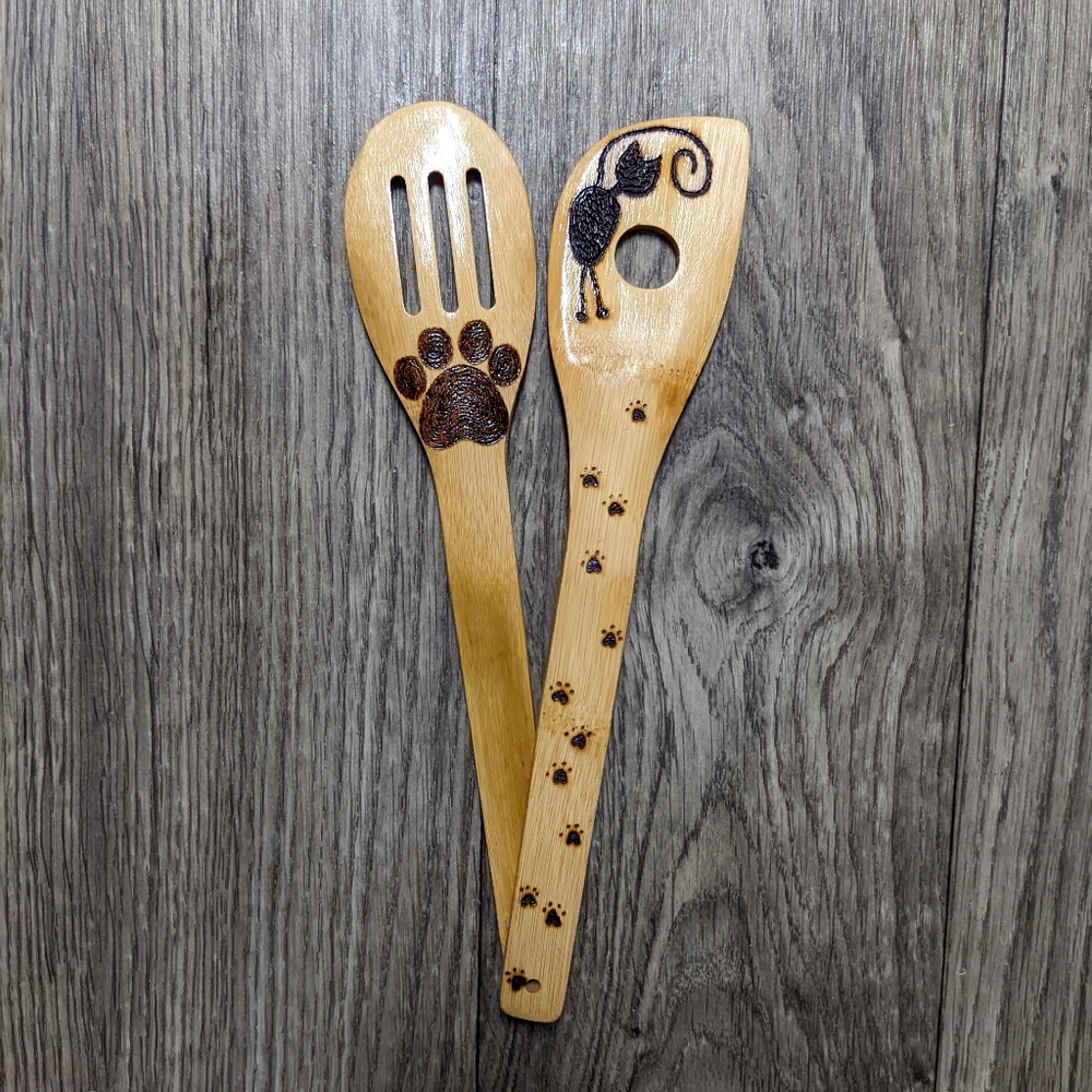 Pair of Wood Burned Cat Kitchen Spoons